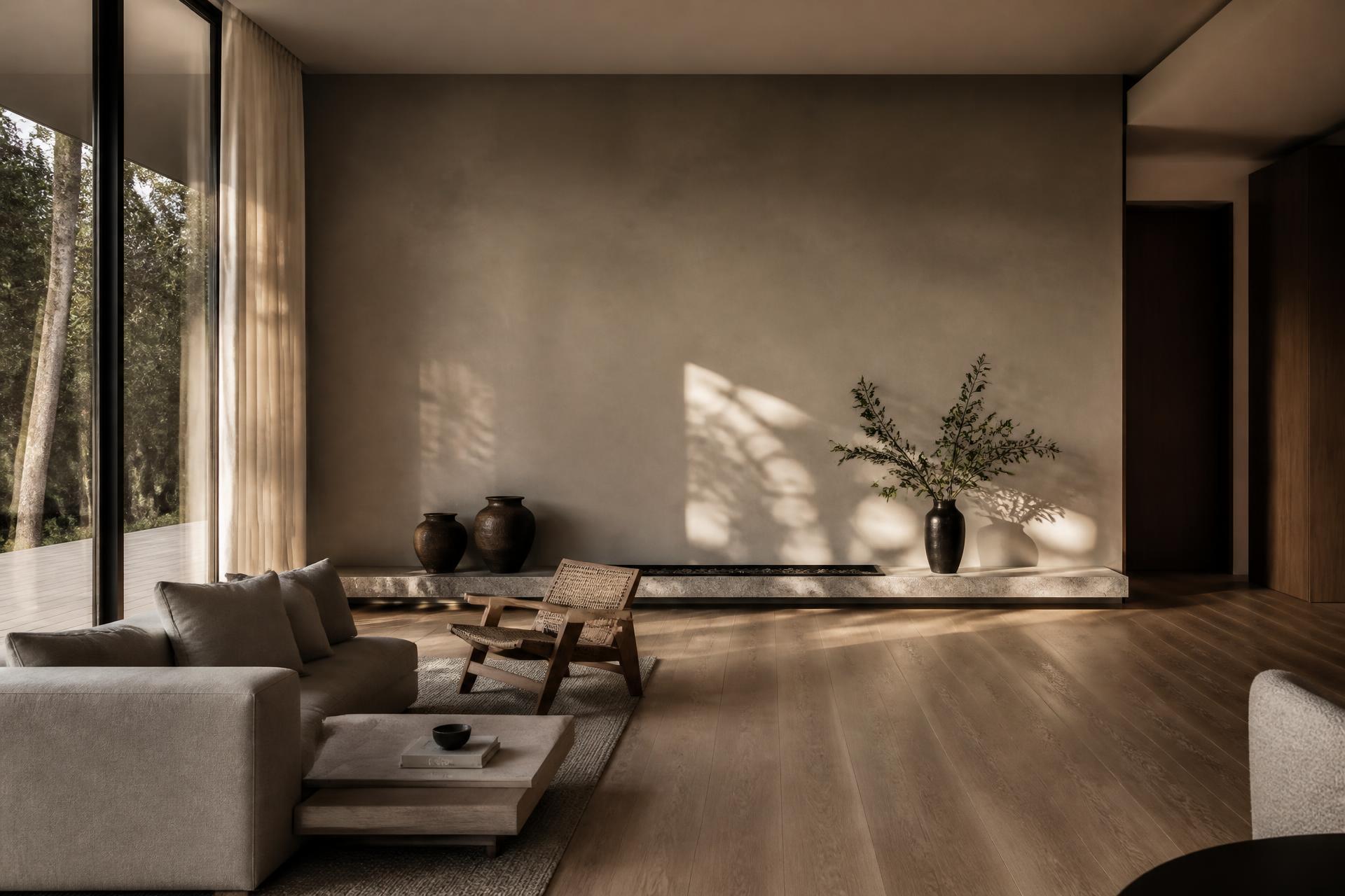 Interior contemporâneo com parede em microcimento e pavimento em madeira